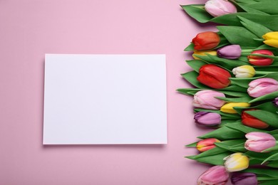 Beautiful tulips and blank card on pale pink background, flat lay