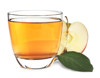 Glass with delicious cider, piece of ripe apple and leaf on white background