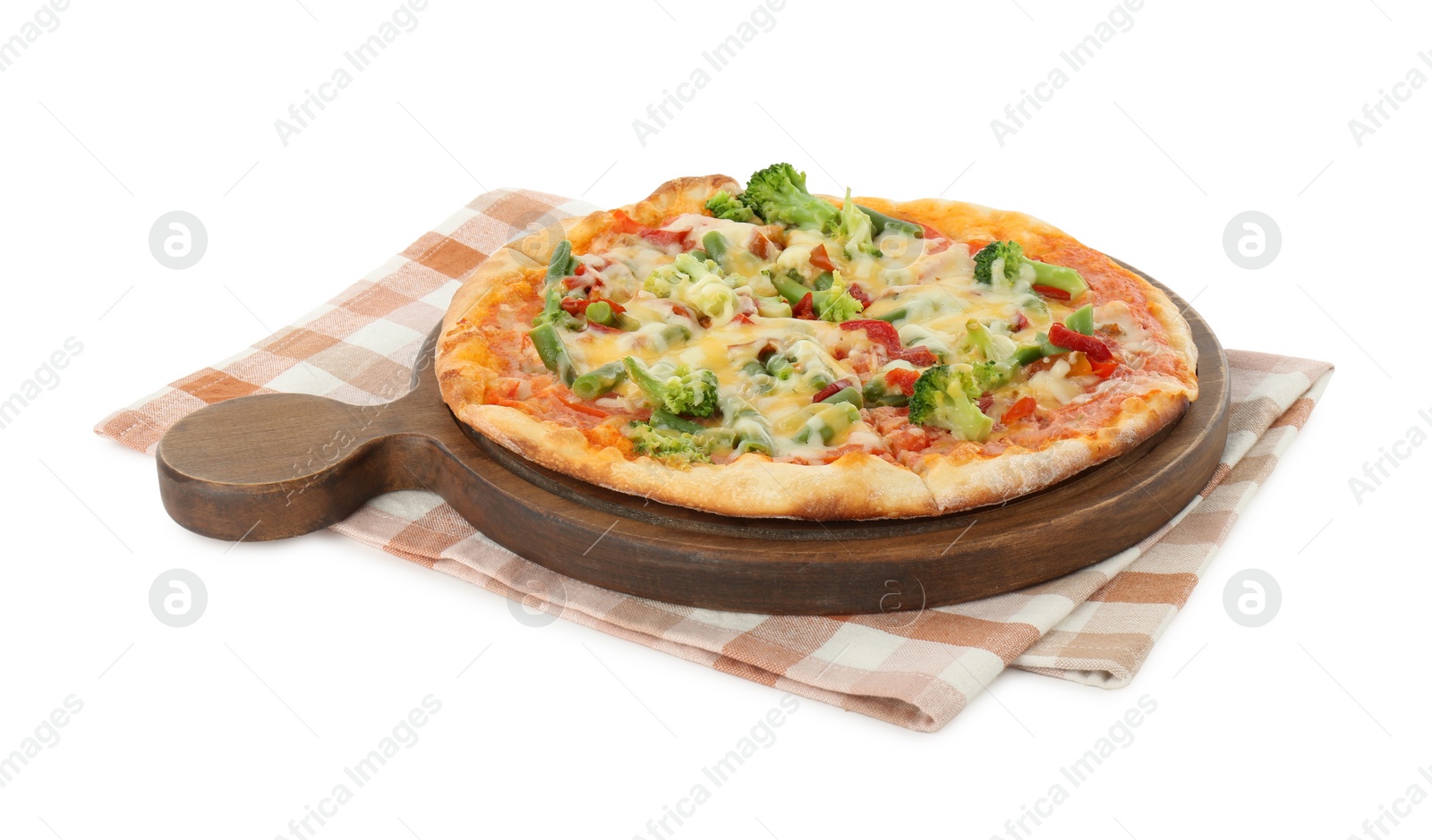 Photo of Board with delicious vegetarian pizza isolated on white