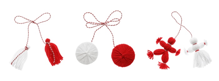 Image of Set with traditional martenitsi in different shapes on white background, banner design. Symbol of first spring day (Martisor celebration)