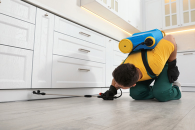 Photo of Pest control worker spraying insecticide on furniture in kitchen