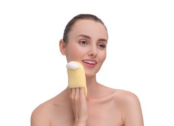 Photo of Happy young woman washing her face with sponge on white background