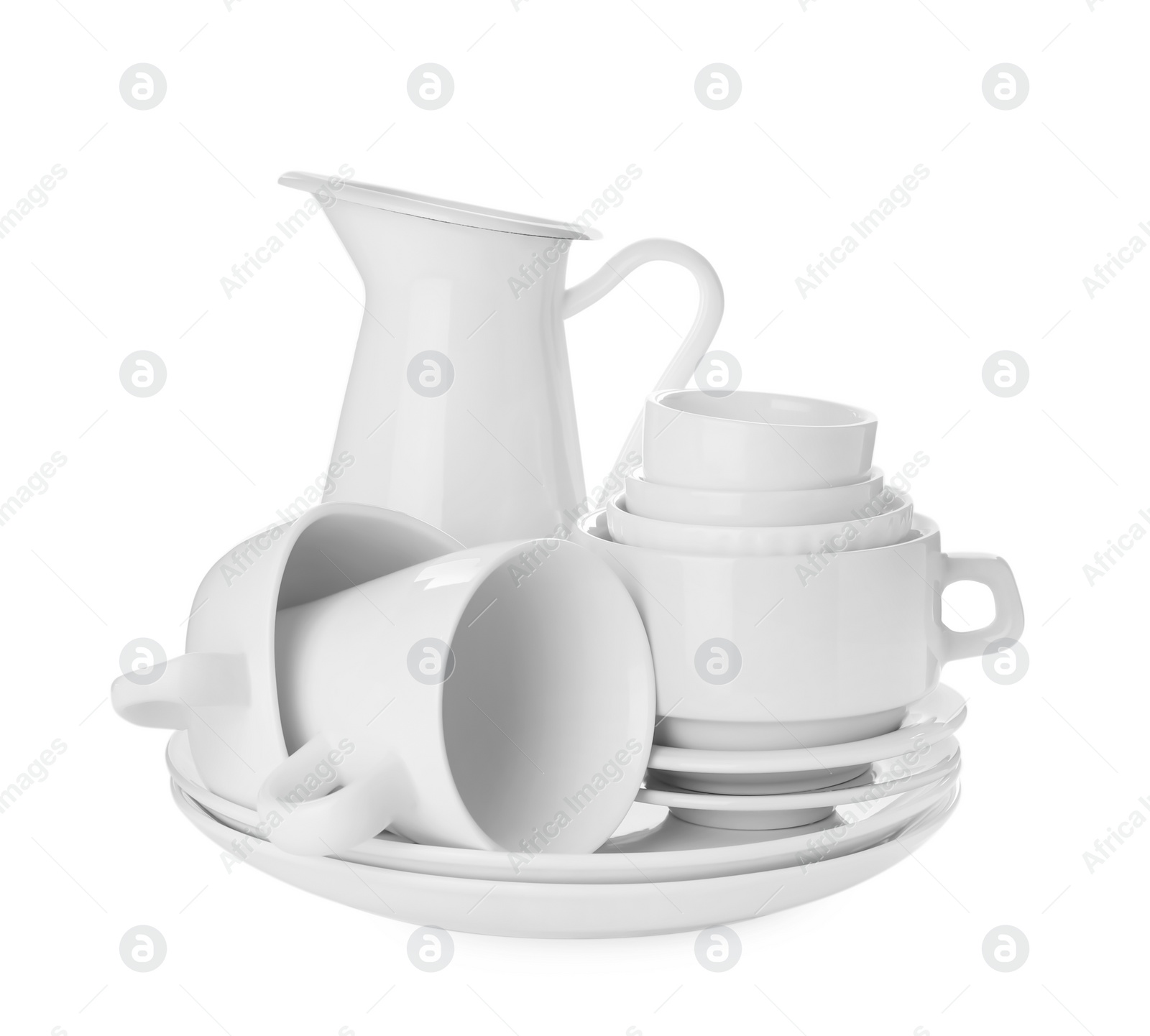 Photo of Set of clean dishes on white background