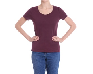 Young slim woman on white background, closeup. Weight loss