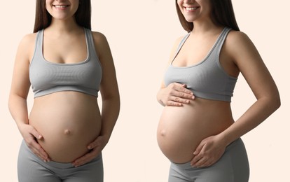 Collage with photos of pregnant woman touching her belly on beige background