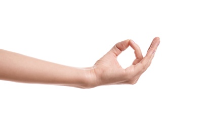 Woman showing mudra on white background, closeup of hand