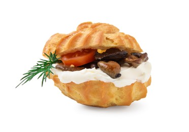 Photo of Delicious profiterole with cream cheese, mushrooms, tomato and dill on white background