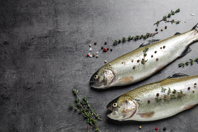 Photo of Raw cutthroat trout fish on grey table, flat lay. Space for text