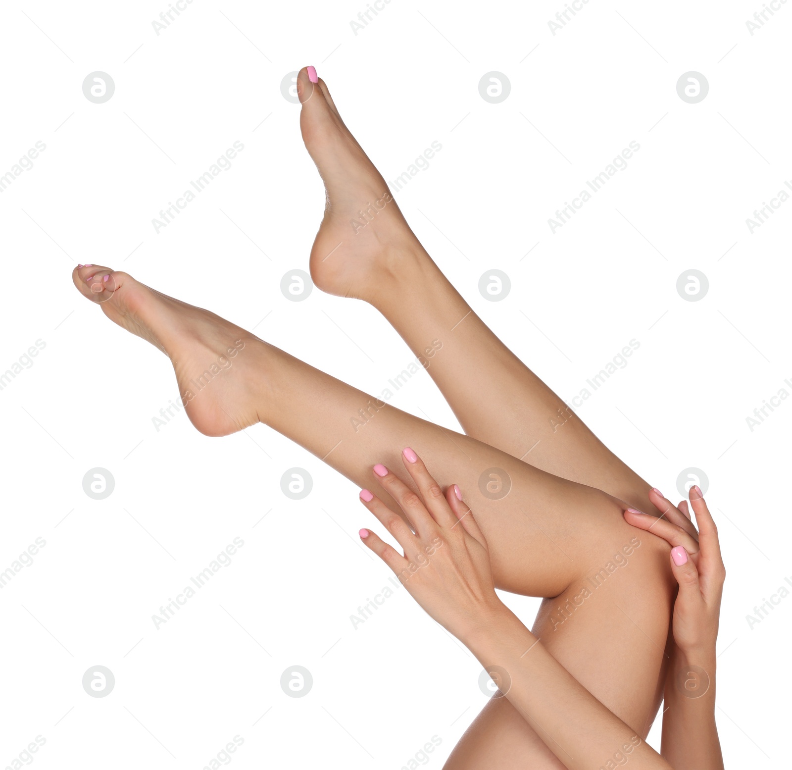 Photo of Woman with beautiful long legs on white background, closeup