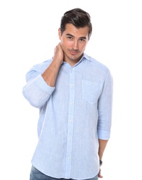 Portrait of handsome young man on white background