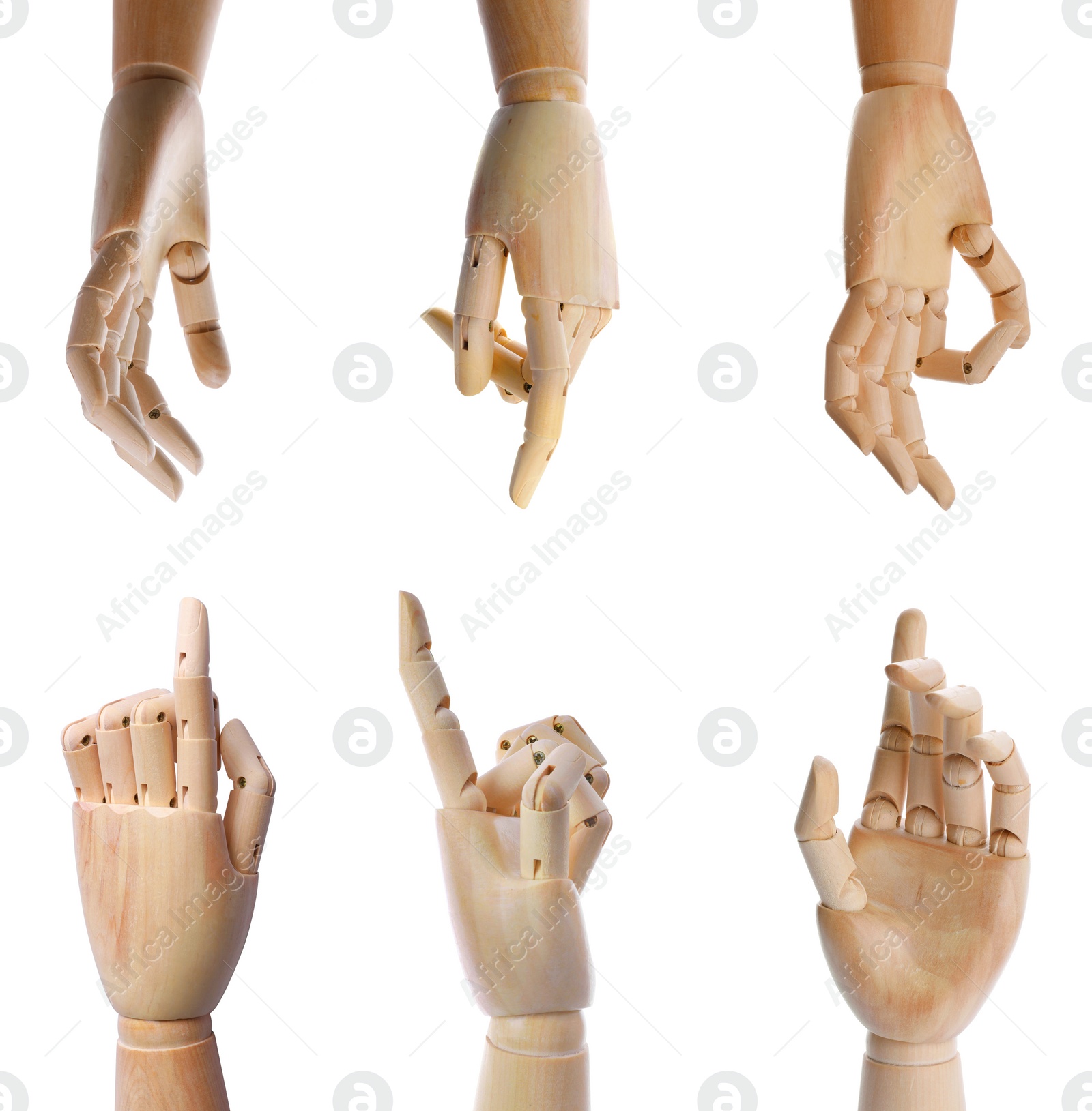 Image of Set with wooden hands of mannequins showing different gestures on white background