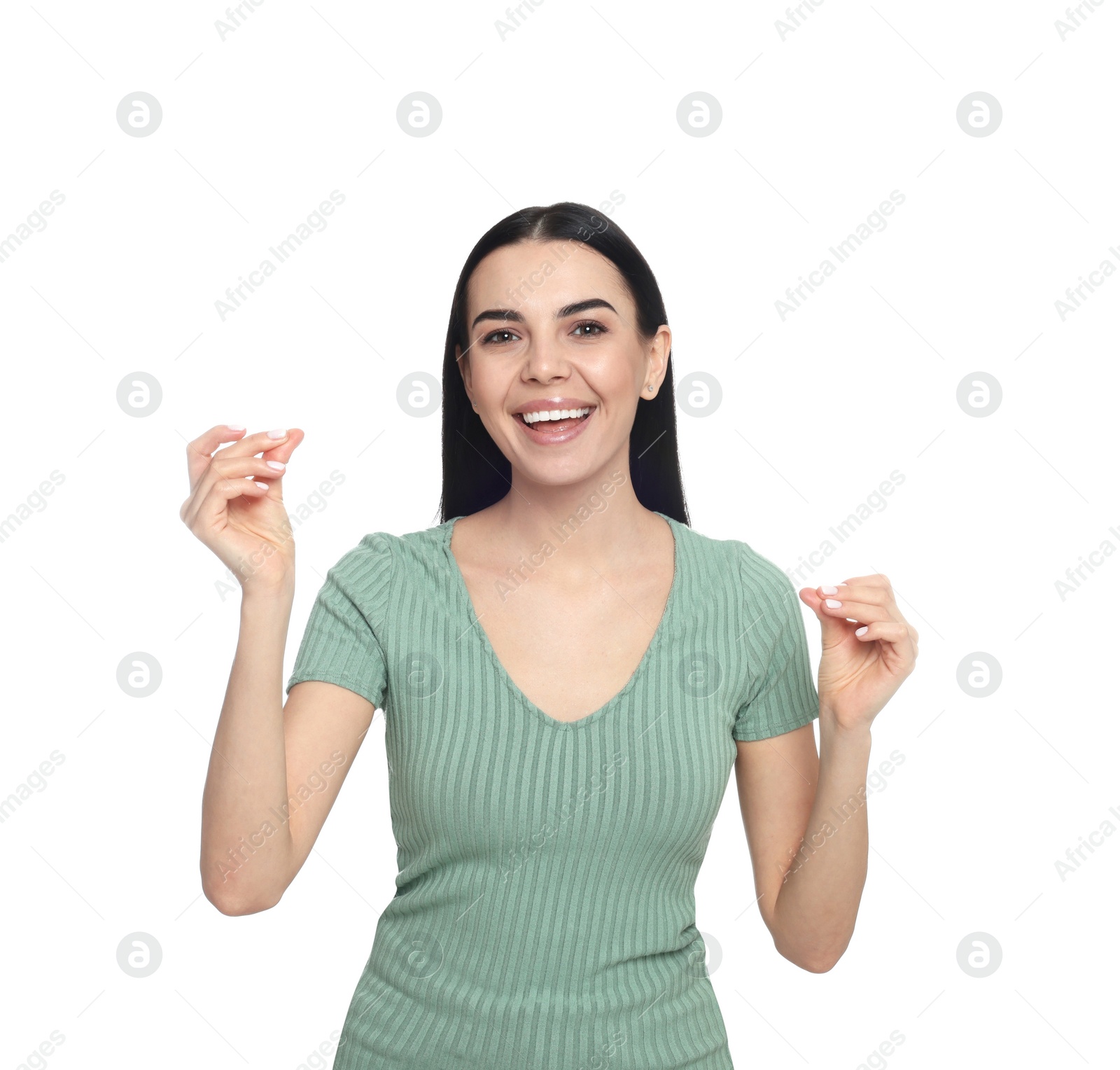 Photo of Young woman snapping fingers on white background