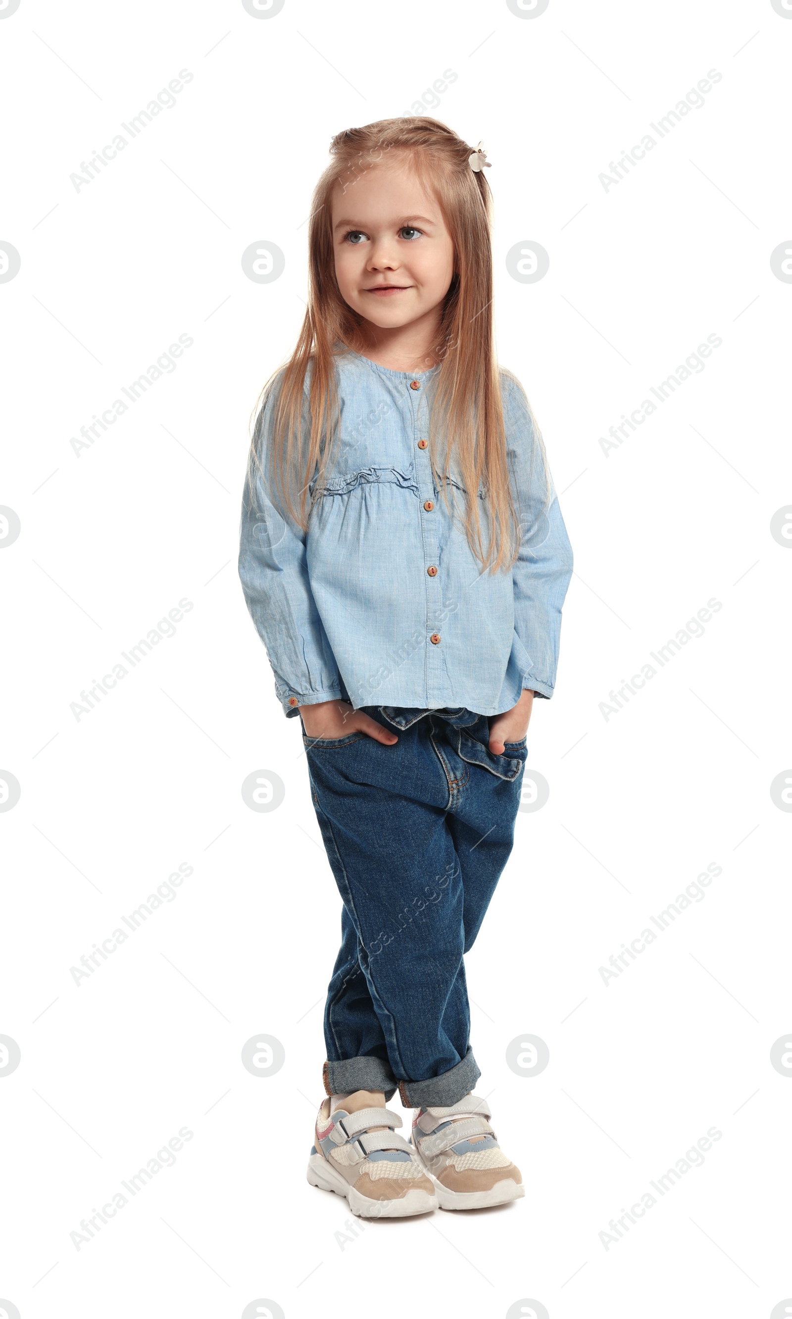 Photo of Fashion concept. Stylish girl posing on white background