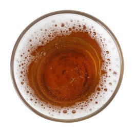 Photo of Full glass of beer isolated on white, top view