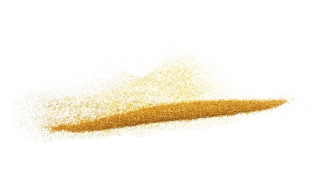 Golden glitter on white background, top view