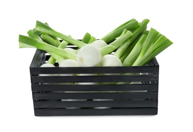 Black crate with green spring onions isolated on white