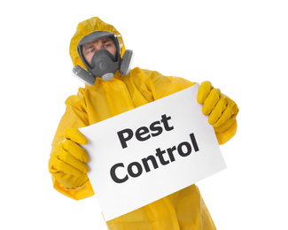 Photo of Man wearing protective suit holding sign PEST CONTROL on white background