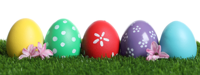 Photo of Colorful Easter eggs and flowers on green grass against white background