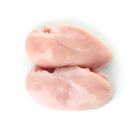Photo of Raw chicken breasts on white background, top view. Fresh meat