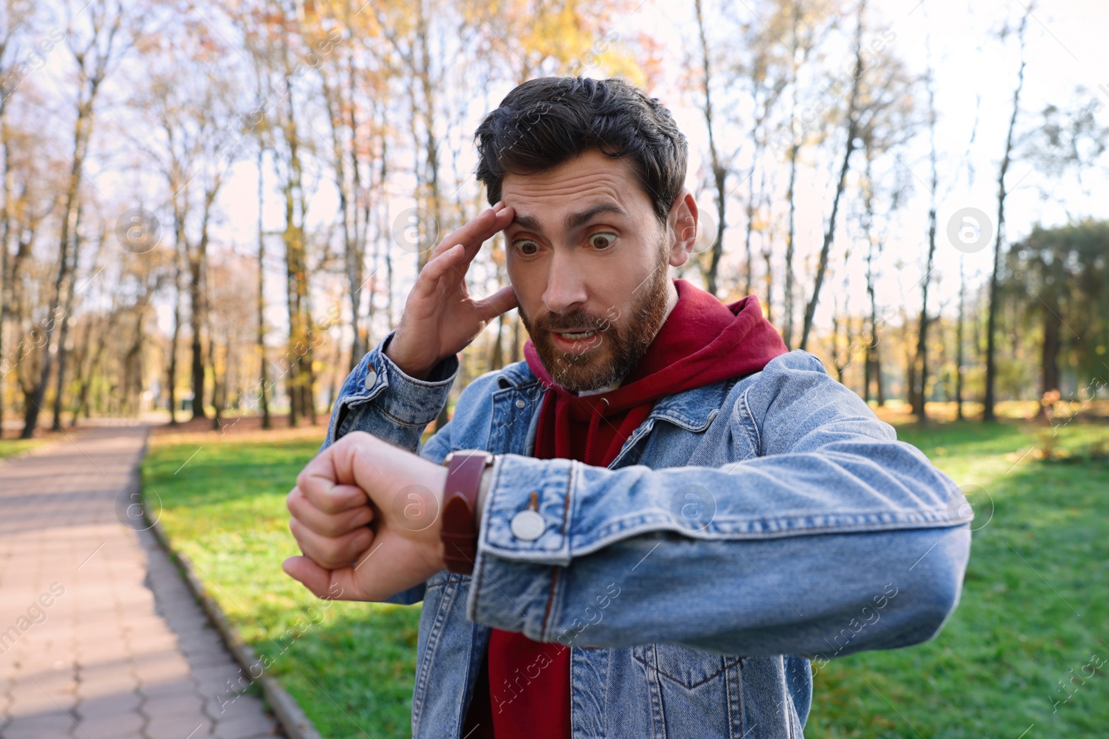 Photo of Emotional man checking time on watch in park. Being late concept