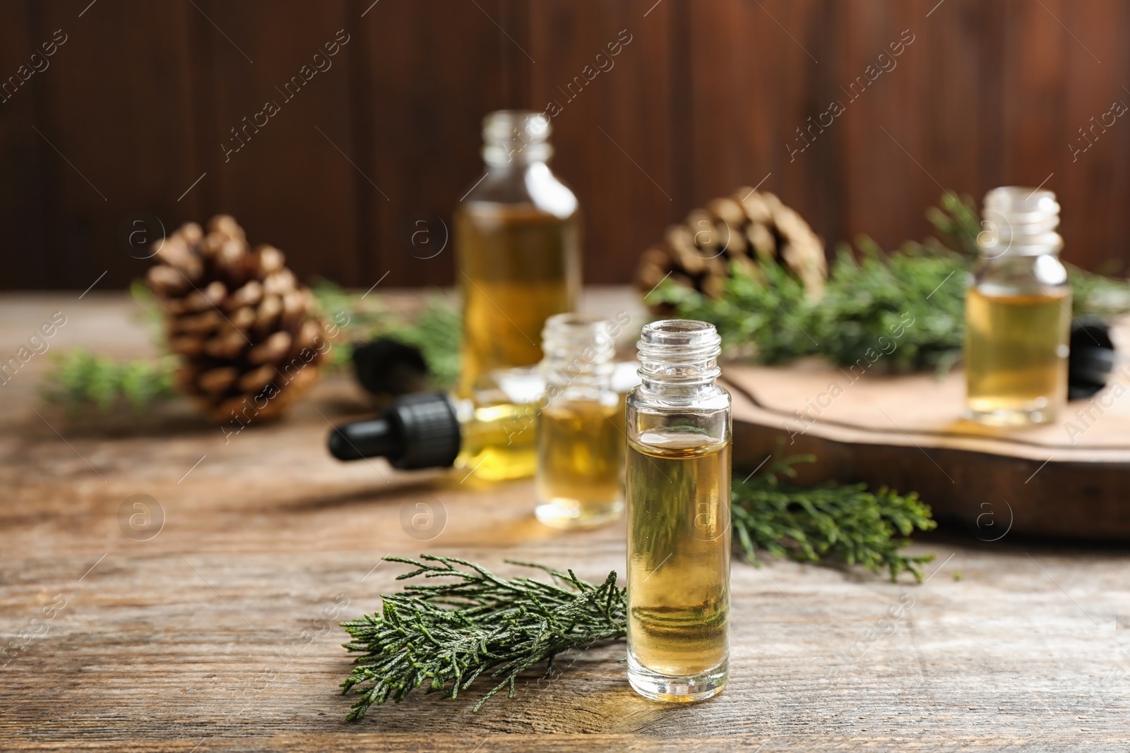Photo of Composition with bottle of conifer essential oil on wooden table. Space for text