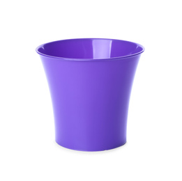 Photo of Purple plastic flower pot isolated on white