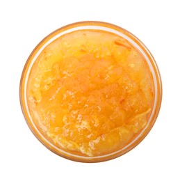Photo of Delicious orange marmalade in bowl on white background, top view