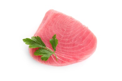 Photo of Fresh raw tuna fillet with parsley on white background, top view