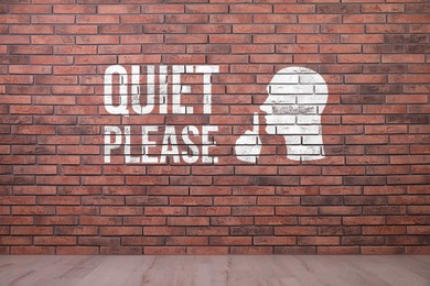 Image of Phrase Quiet Please and shush gesture image on red brick wall