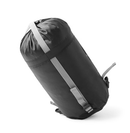 Photo of Case with sleeping bag on white background. Camping equipment