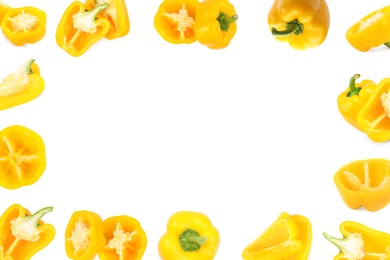 Image of Frame of cut and whole yellow bell peppers on white background