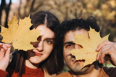 Photo of Young couple holding dry leaves near their faces outdoors. Dating agency