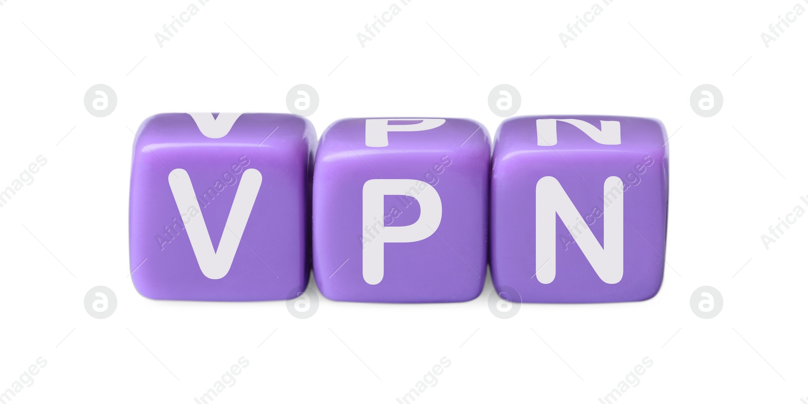 Photo of Lilac beads with acronym VPN on white background