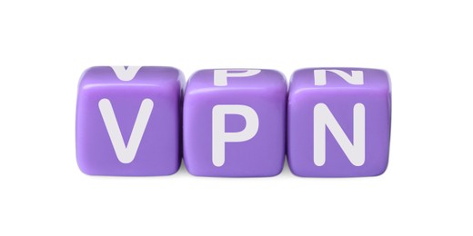 Photo of Lilac beads with acronym VPN on white background