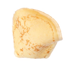 Photo of Hot tasty thin pancake on white background