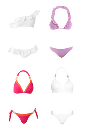 Image of Set of different stylish bikinis on white background 