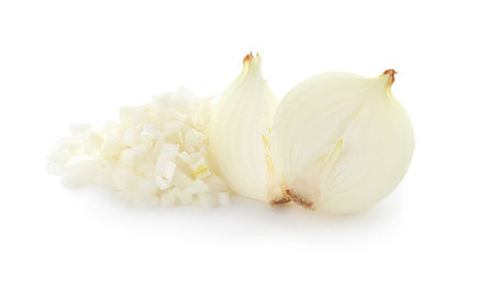 Photo of Cut fresh ripe onion on white background
