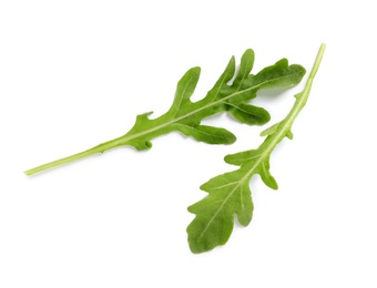 Photo of Leaves of fresh arugula isolated on white, top view