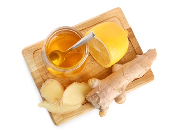 Photo of Cold remedies on white background, top view. Sore throat treatment