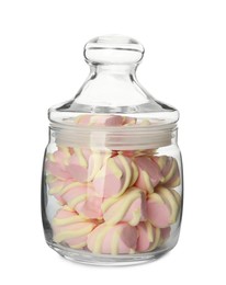 Photo of Many marshmallows in glass jar isolated on white