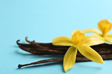 Photo of Vanilla sticks and flowers on blue background, closeup. Space for text