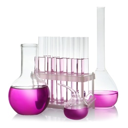 Photo of Laboratory glassware with purple liquid on white background