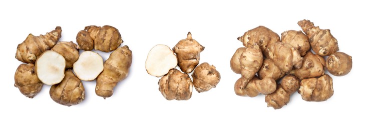 Image of Collage with Jerusalem artichokes on white background, top view