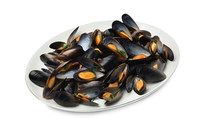 Photo of Plate of cooked mussels with parsley isolated on white
