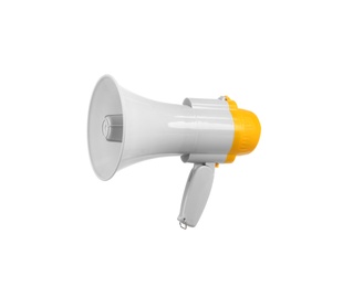 Photo of Electronic megaphone on white background. Loud-speaking device