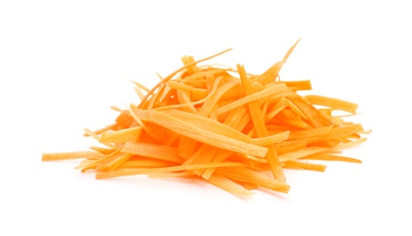 Photo of Grated fresh ripe carrot on white background