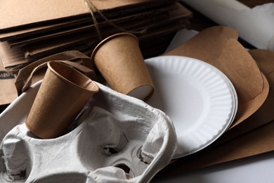 Photo of Heap of waste paper as background, closeup