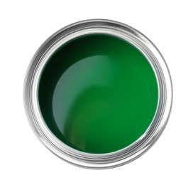 Photo of Open paint can on white background, top view