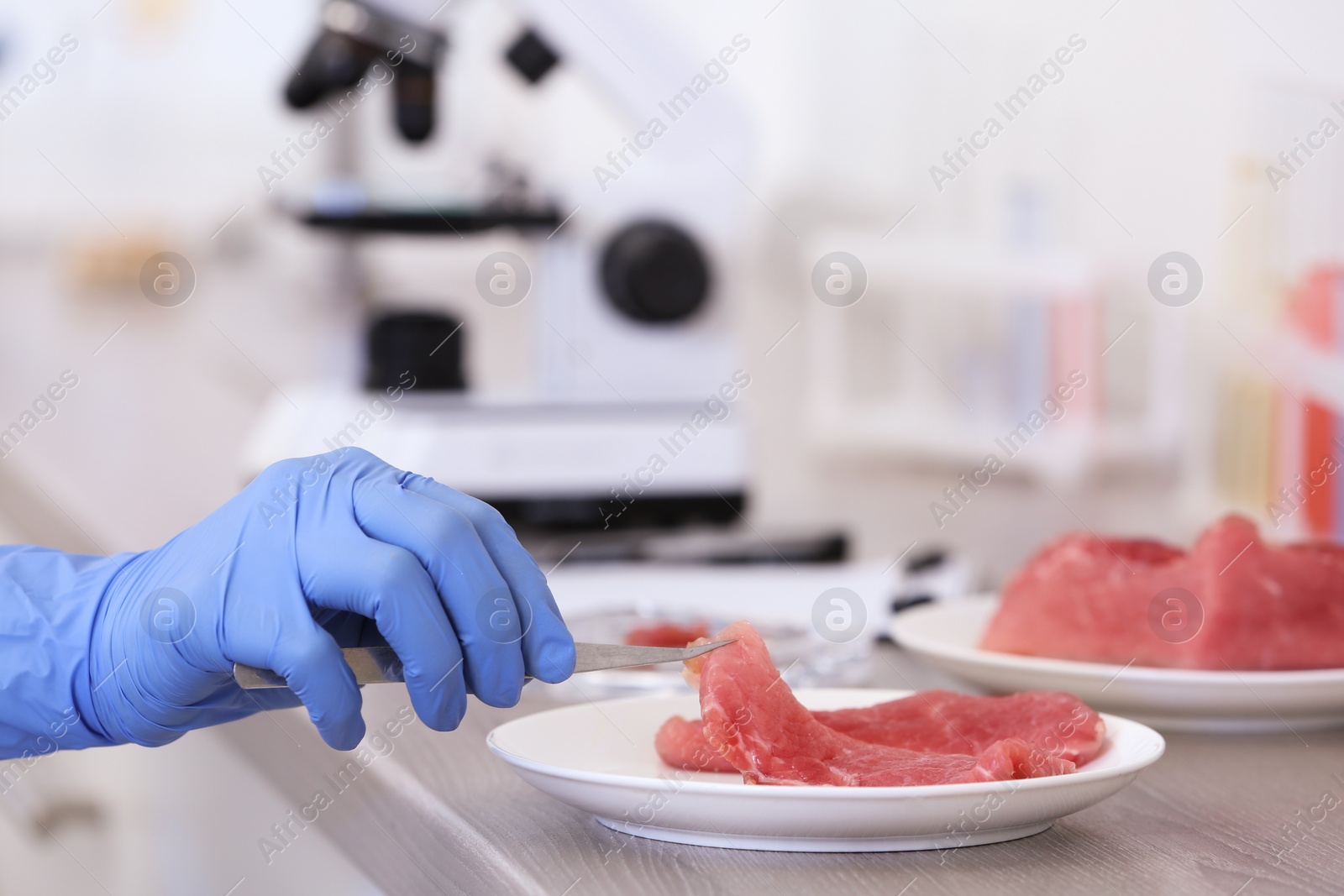 Photo of Scientist inspecting meat at table in laboratory, closeup. Food quality control