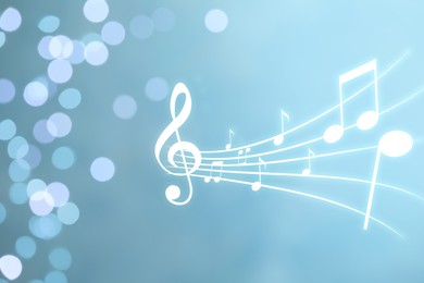 Image of Music notes on blurred background, bokeh effect